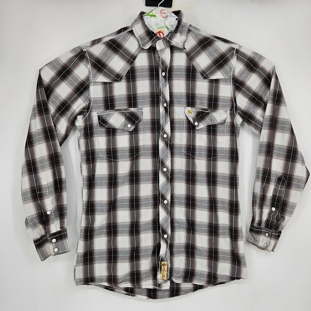 Larry Mahan Shirtโ Mens Small Western Pearl Snap Long Sleeve Gray Plaid Rodeo